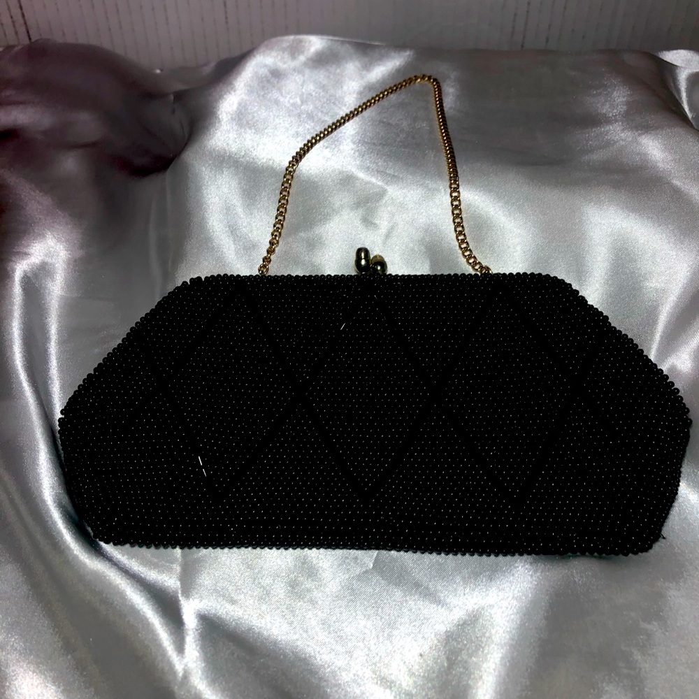 Antique vintage black beaded purse with chain handle.